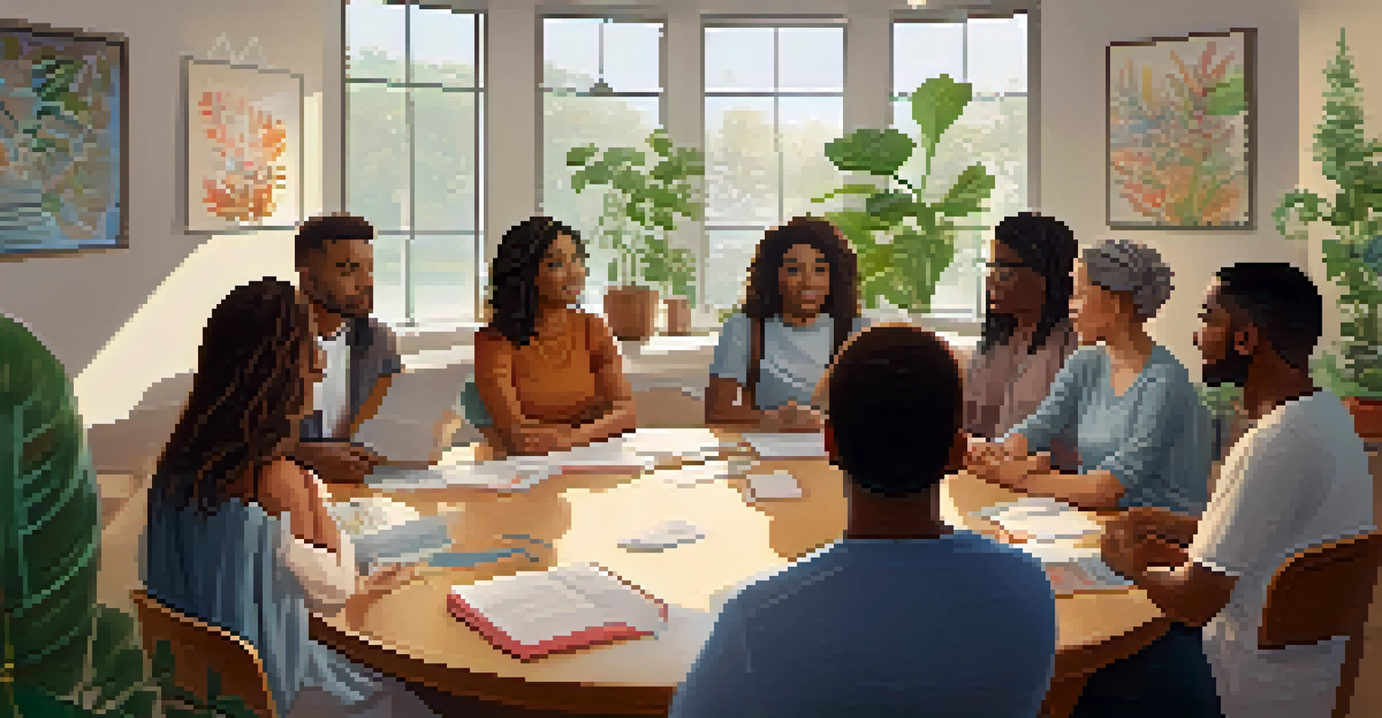 A mental health support group meeting in a cozy room, showing diverse participants engaged in discussion with comforting decor and positive affirmations.