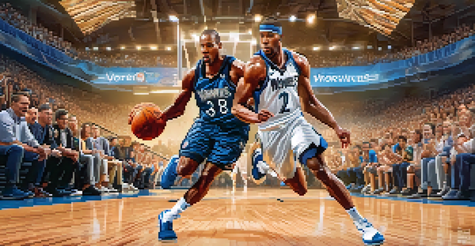 A basketball player dribbling the ball on a court with fans cheering in the background, showcasing the energy of a live game.