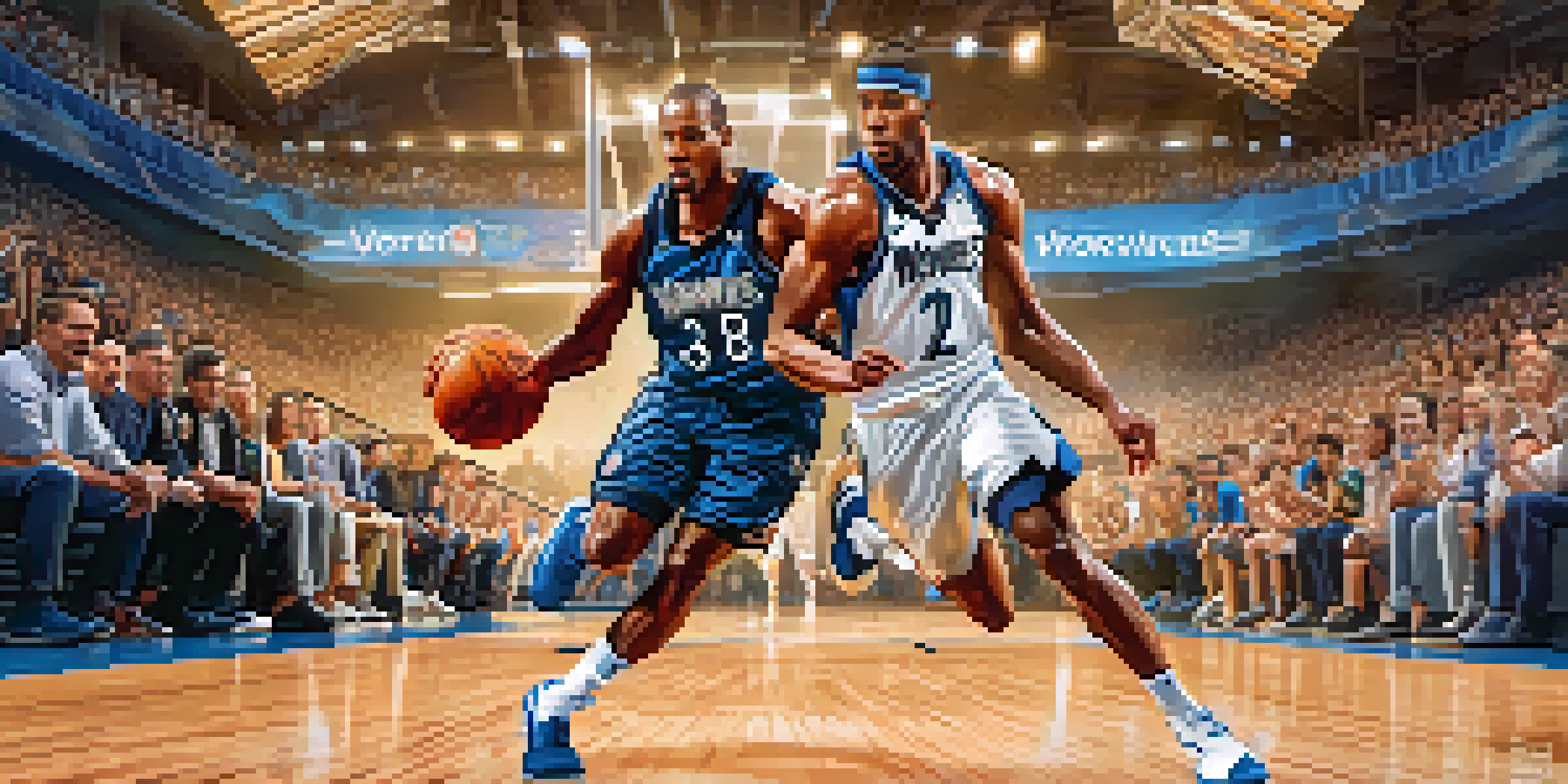A basketball player dribbling the ball on a court with fans cheering in the background, showcasing the energy of a live game.