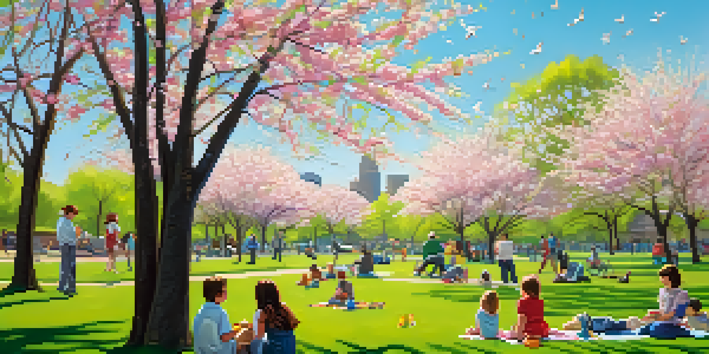 A vibrant spring day in Minneapolis park with cherry blossoms, families having a picnic, and children flying kites under a blue sky.