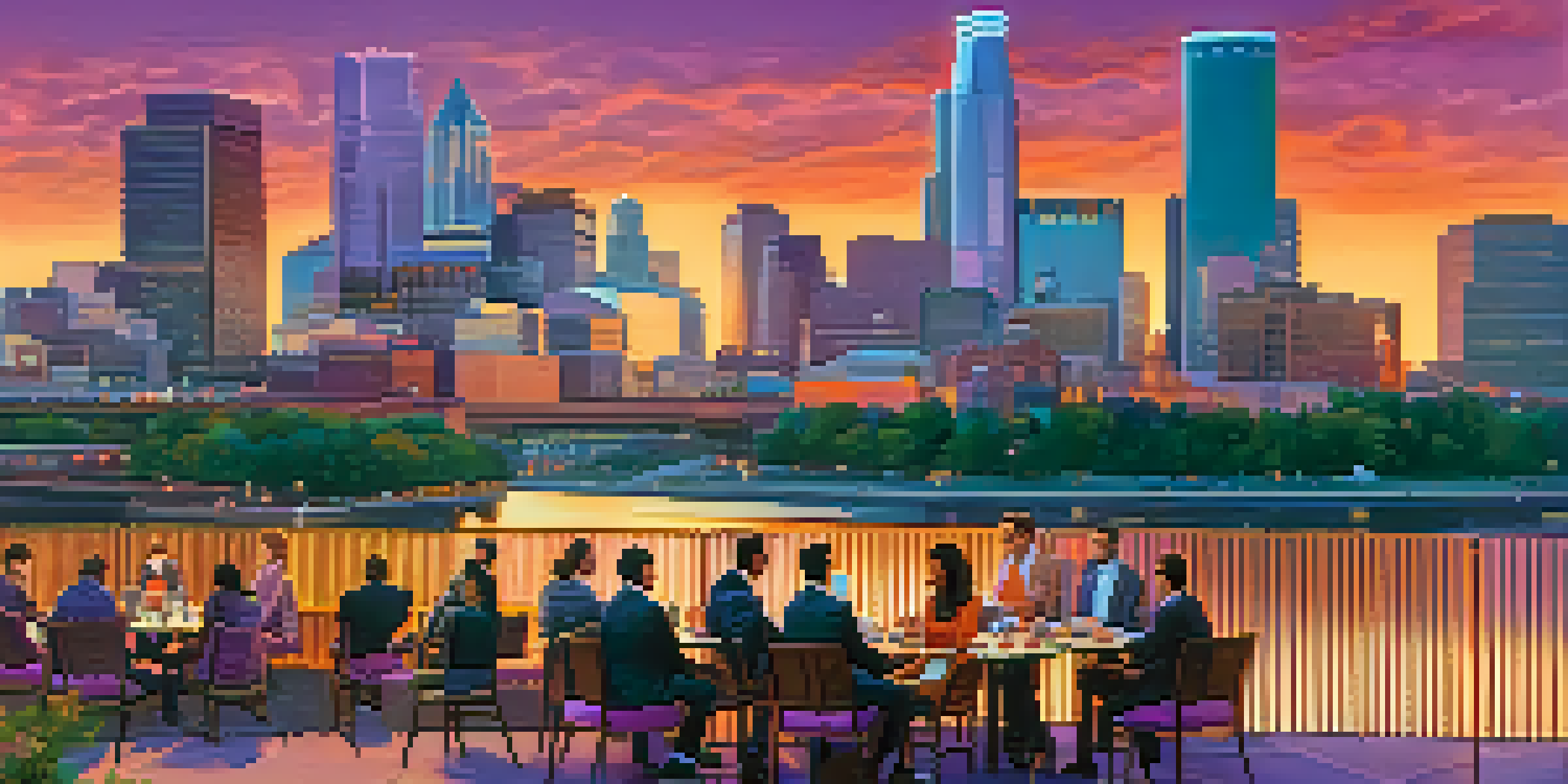 A panoramic view of the Minneapolis skyline at sunset with modern skyscrapers and a diverse group of young professionals discussing at an outdoor café.