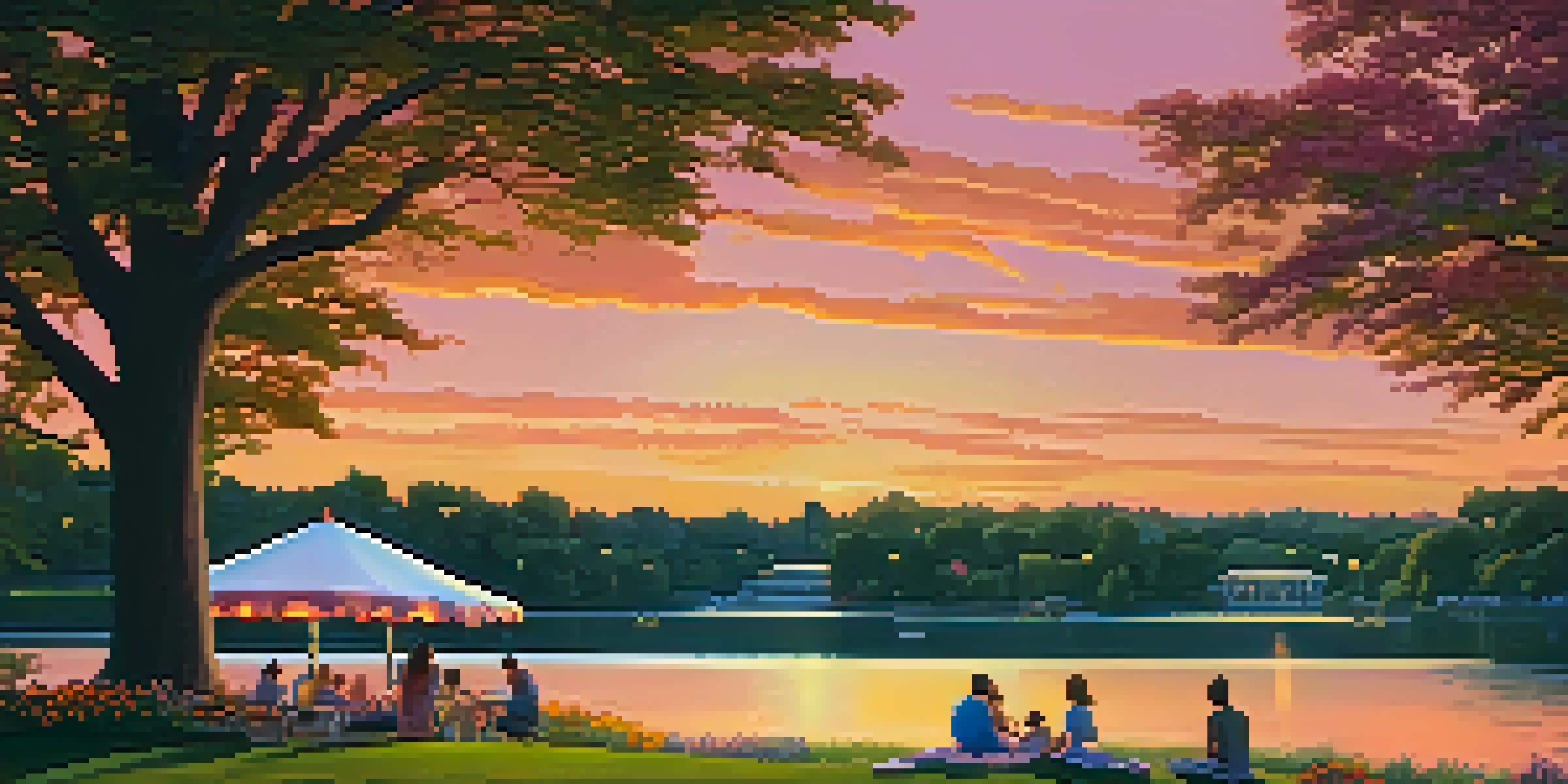 A family having a picnic by Lake Harriet at sunset, with vibrant colors in the sky and the bandshell in the background.