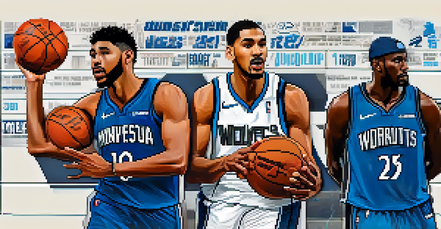 An artistic timeline showcasing key moments in the Minnesota Timberwolves' history with player silhouettes and vibrant graphics.