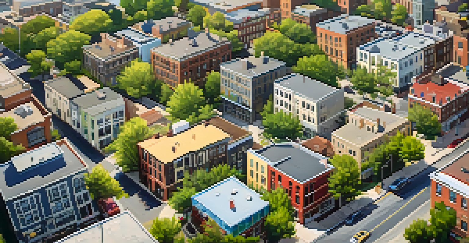 An aerial view of a lively Minneapolis neighborhood featuring modern and historic architecture, busy streets, and colorful murals.
