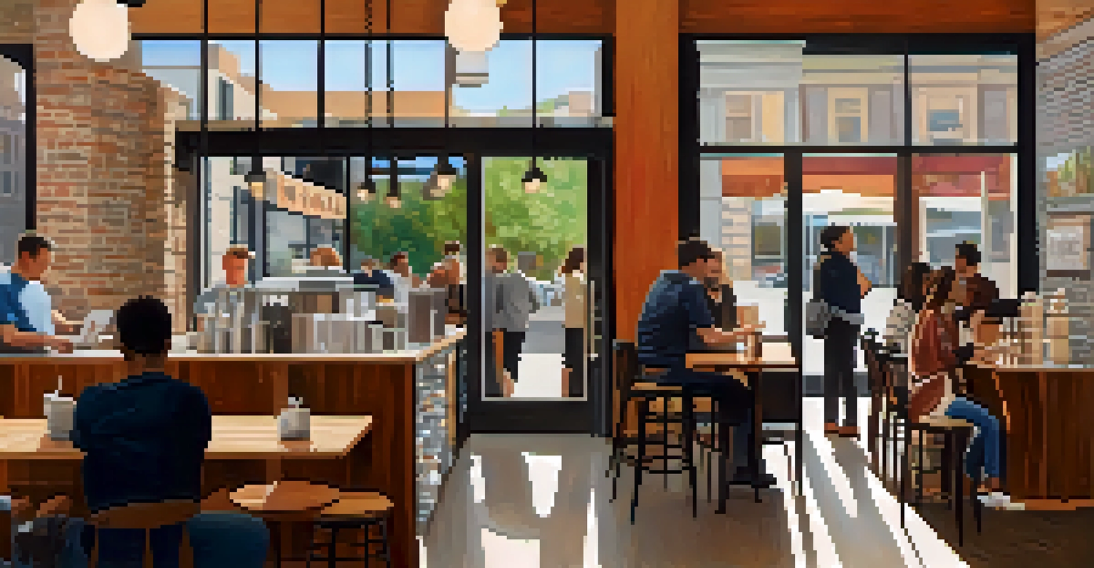 A lively coffee shop in Minneapolis with customers enjoying their time and a barista making coffee.