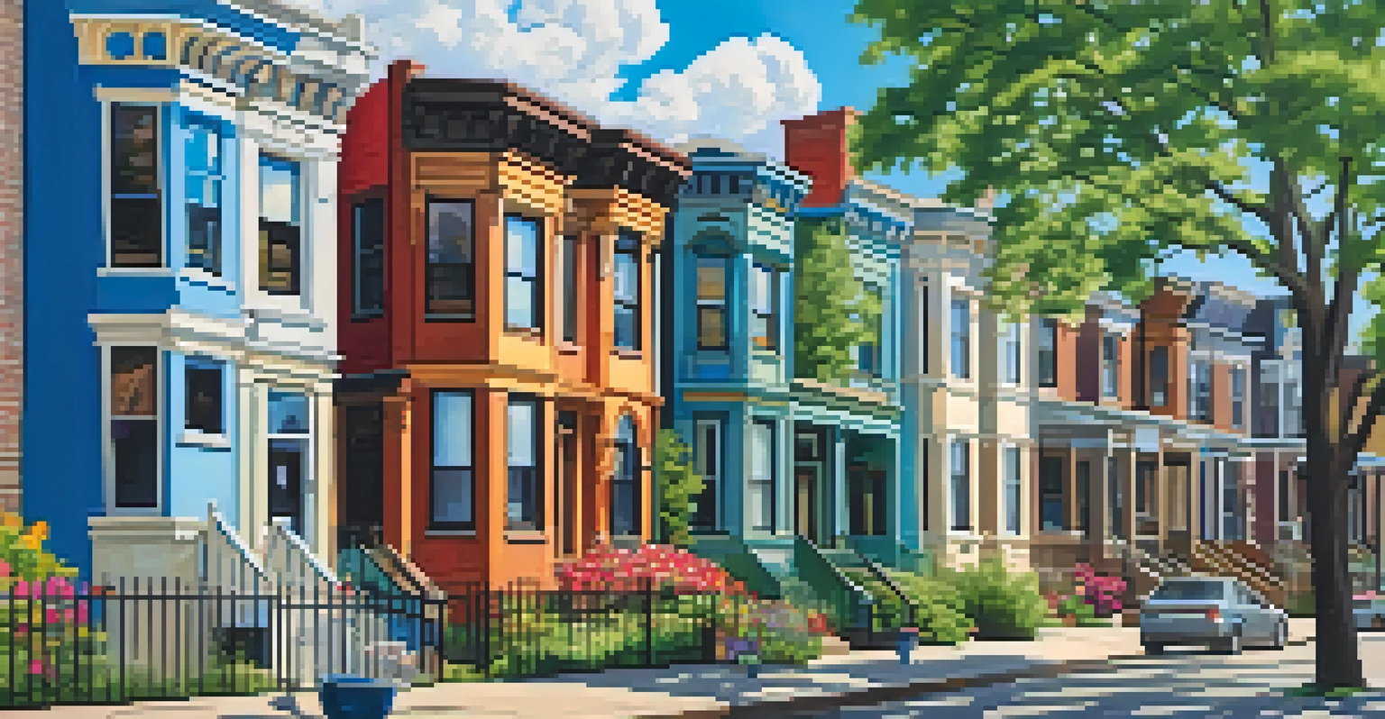 A vibrant street scene in Northeast Minneapolis with Victorian homes and modern lofts, filled with blooming flowers and people.