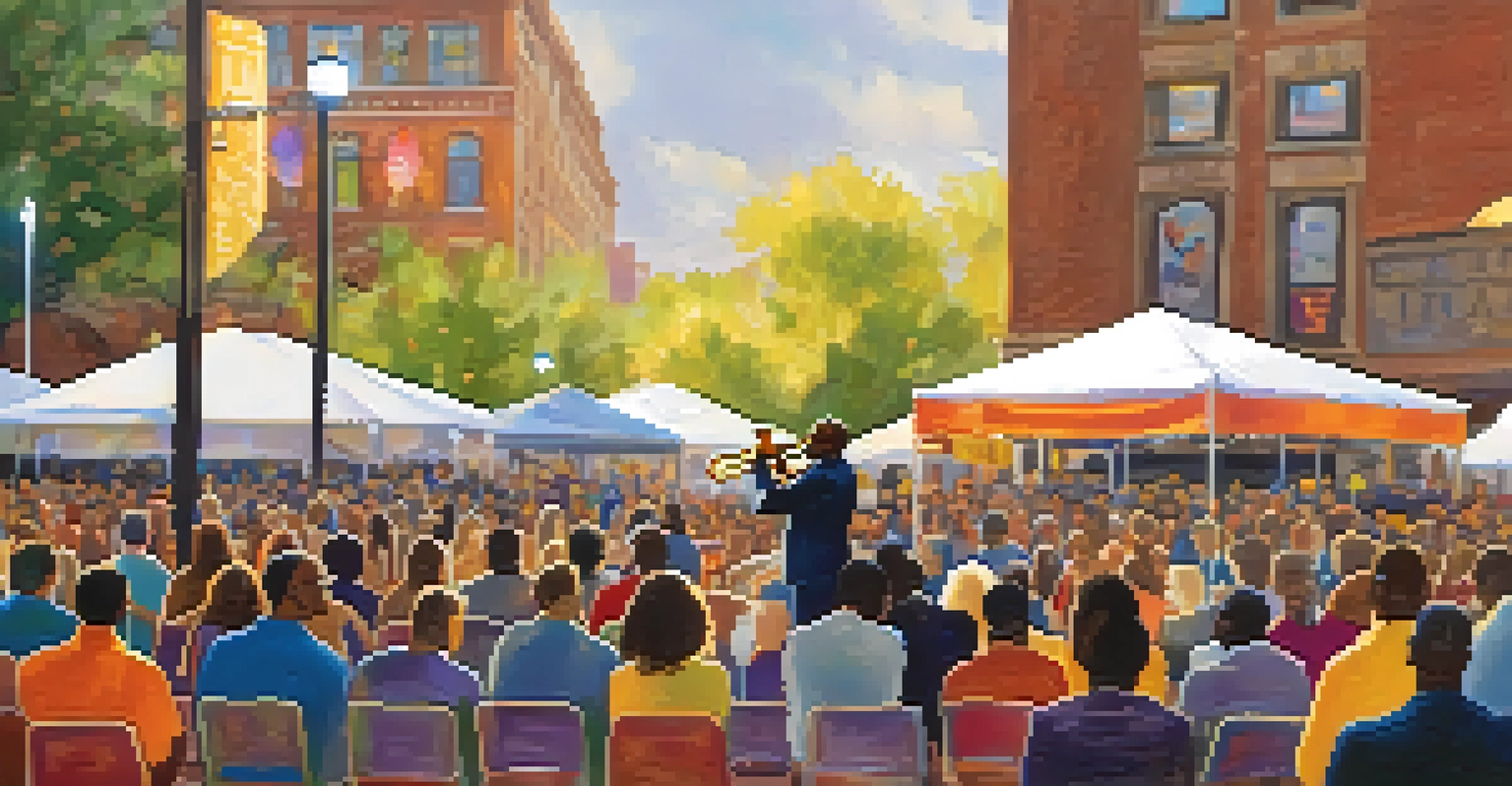 A saxophonist performing at the Twin Cities Jazz Festival, with an engaged audience and colorful art installations in the background.