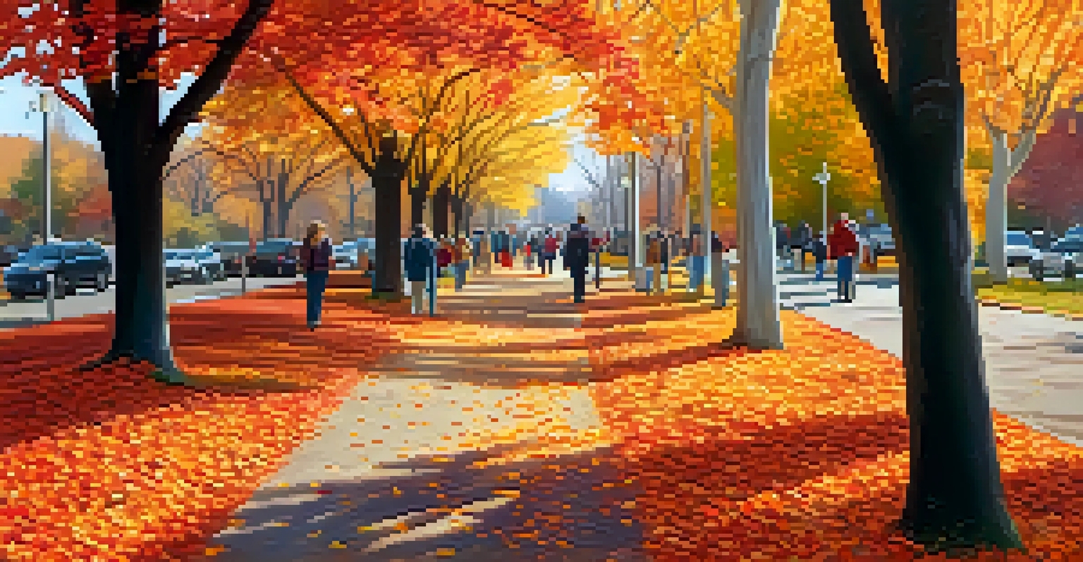 An autumn pathway in Minneapolis park covered in colorful leaves, with people walking and a farmers' market nearby.