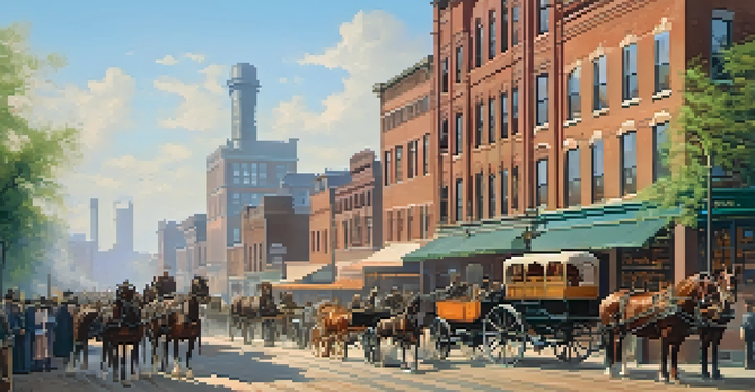 A historical view of a busy Minneapolis street in the early 1900s with the Washburn-Crosby flour mill, horse-drawn carriages, and diverse workers.