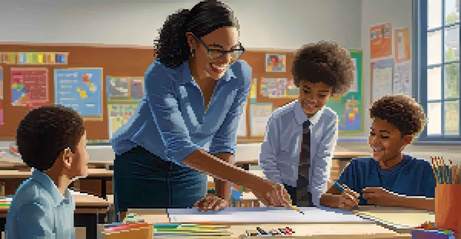 A teacher engaging with students in a classroom, focusing on social-emotional learning, surrounded by educational materials.