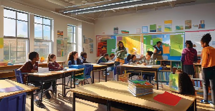 A colorful classroom with diverse students working on projects, guided by a teacher, in a well-lit environment.