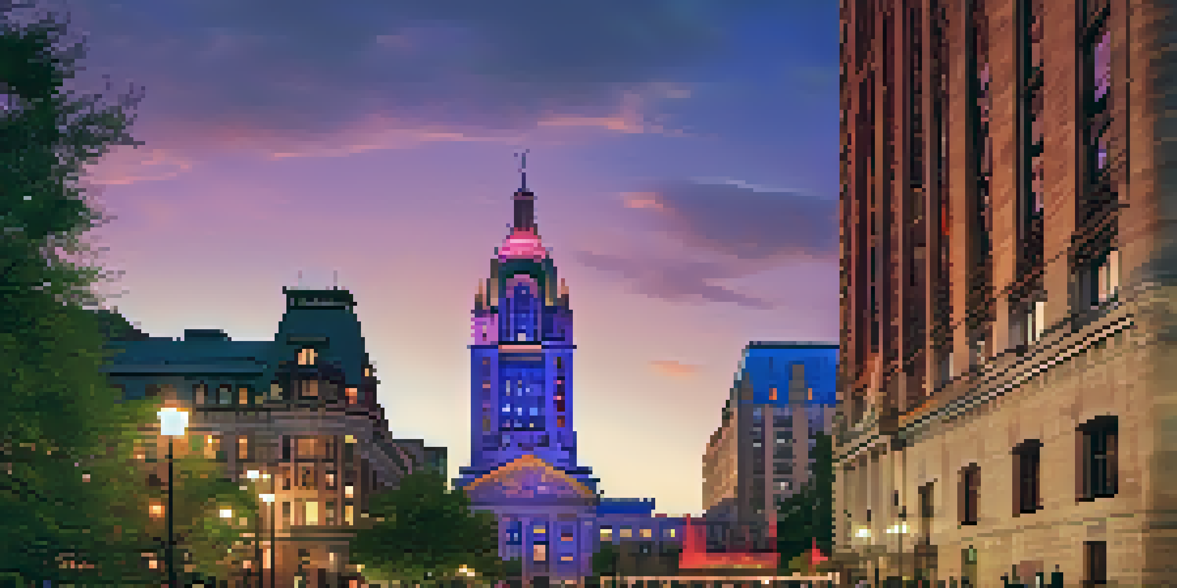 A panoramic view of the Minneapolis skyline at sunset, highlighting the blend of historic and modern architecture, with a vibrant sky and a park in the foreground.