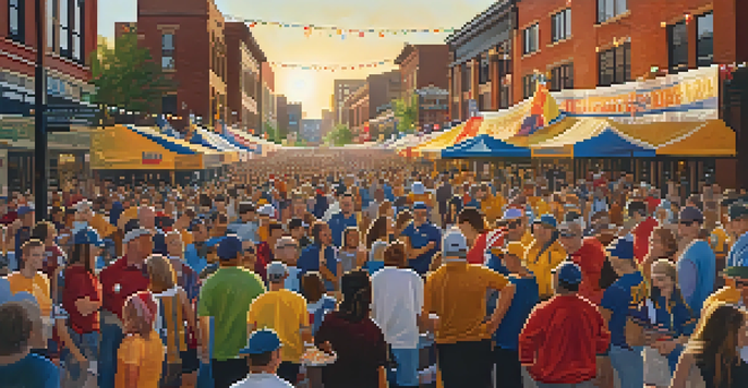 A diverse group of sports fans in Minneapolis celebrating game day, surrounded by colorful decorations and local businesses.