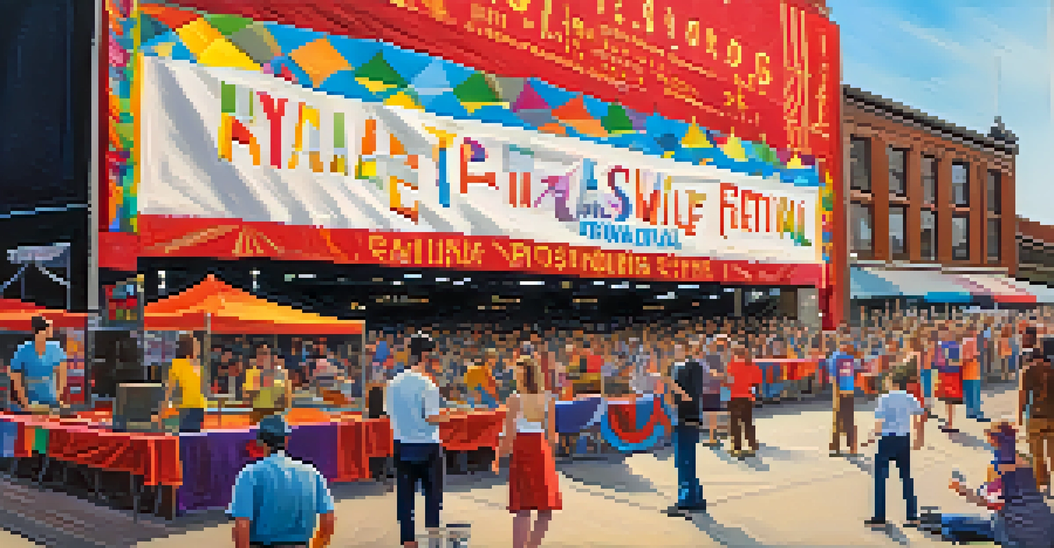 A lively theater festival in Minneapolis, showcasing colorful banners, crowds exploring performances, and artists setting up their acts.