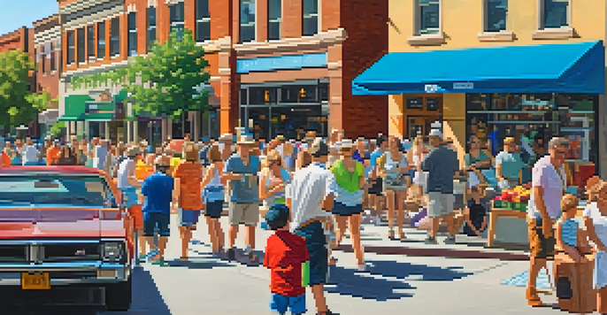 A lively street filled with people walking and biking, surrounded by vendor booths and artists, under a bright sunny sky.