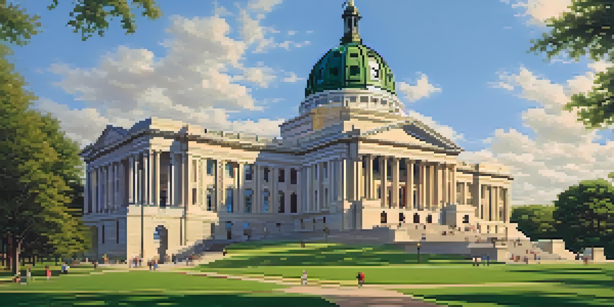 A detailed view of the Minnesota State Capitol with its iconic dome, surrounded by greenery and visitors enjoying the space.