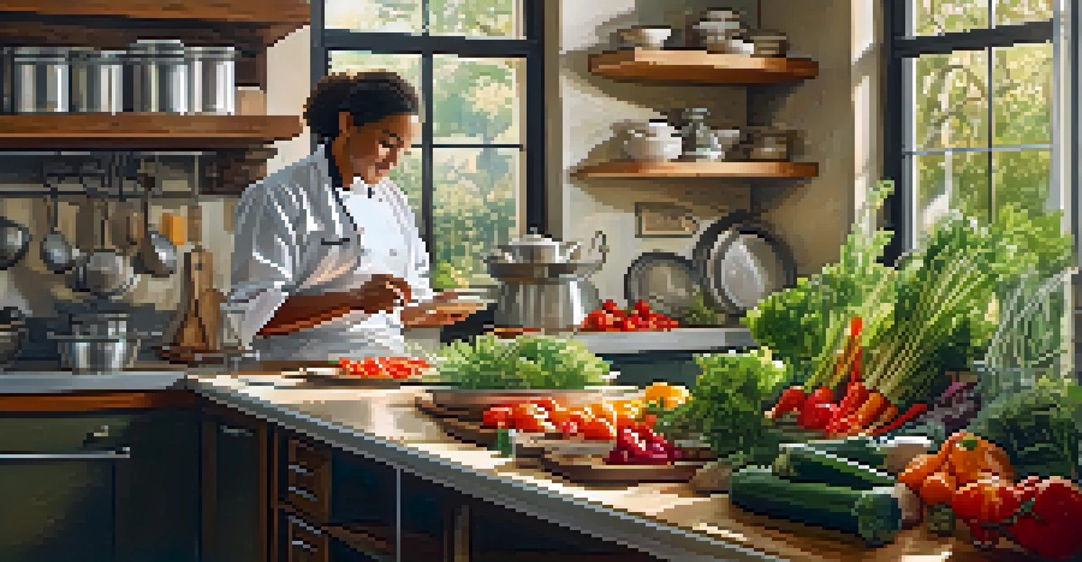 A chef in a cozy kitchen preparing a meal with fresh, locally-sourced ingredients and natural light illuminating the scene.