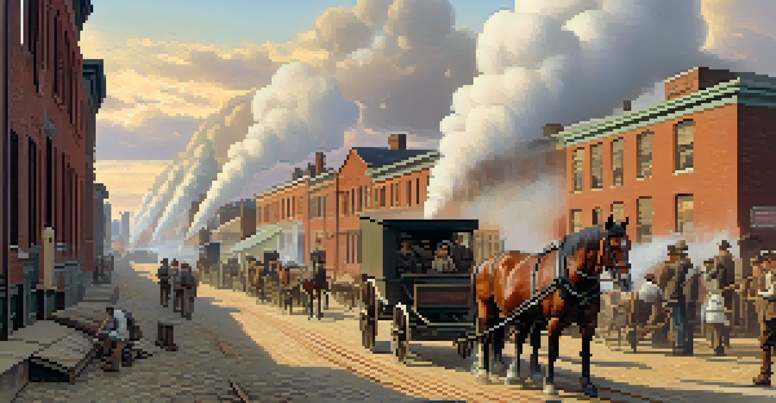 A depiction of Minneapolis during the Industrial Revolution with factories, diverse workers, and a sunset.