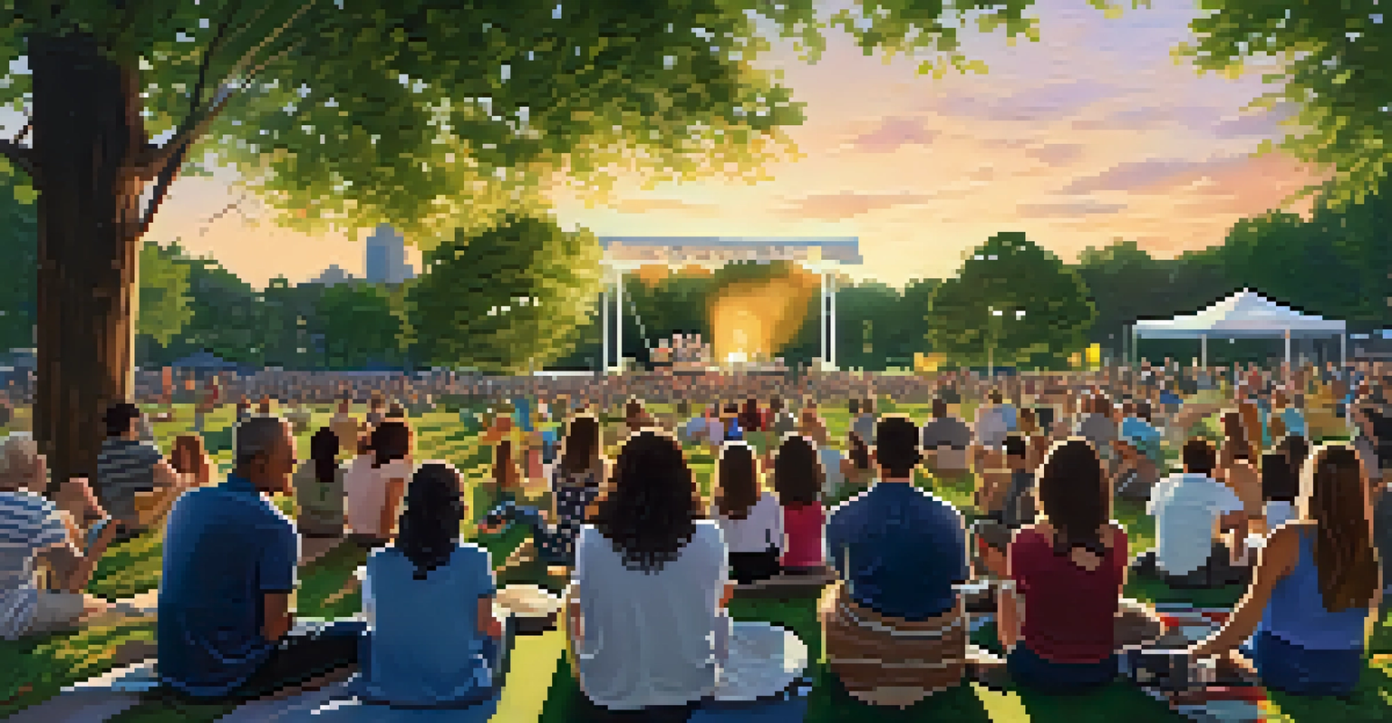 A lively outdoor concert with musicians on stage, surrounded by greenery and families enjoying the performance on picnic blankets.