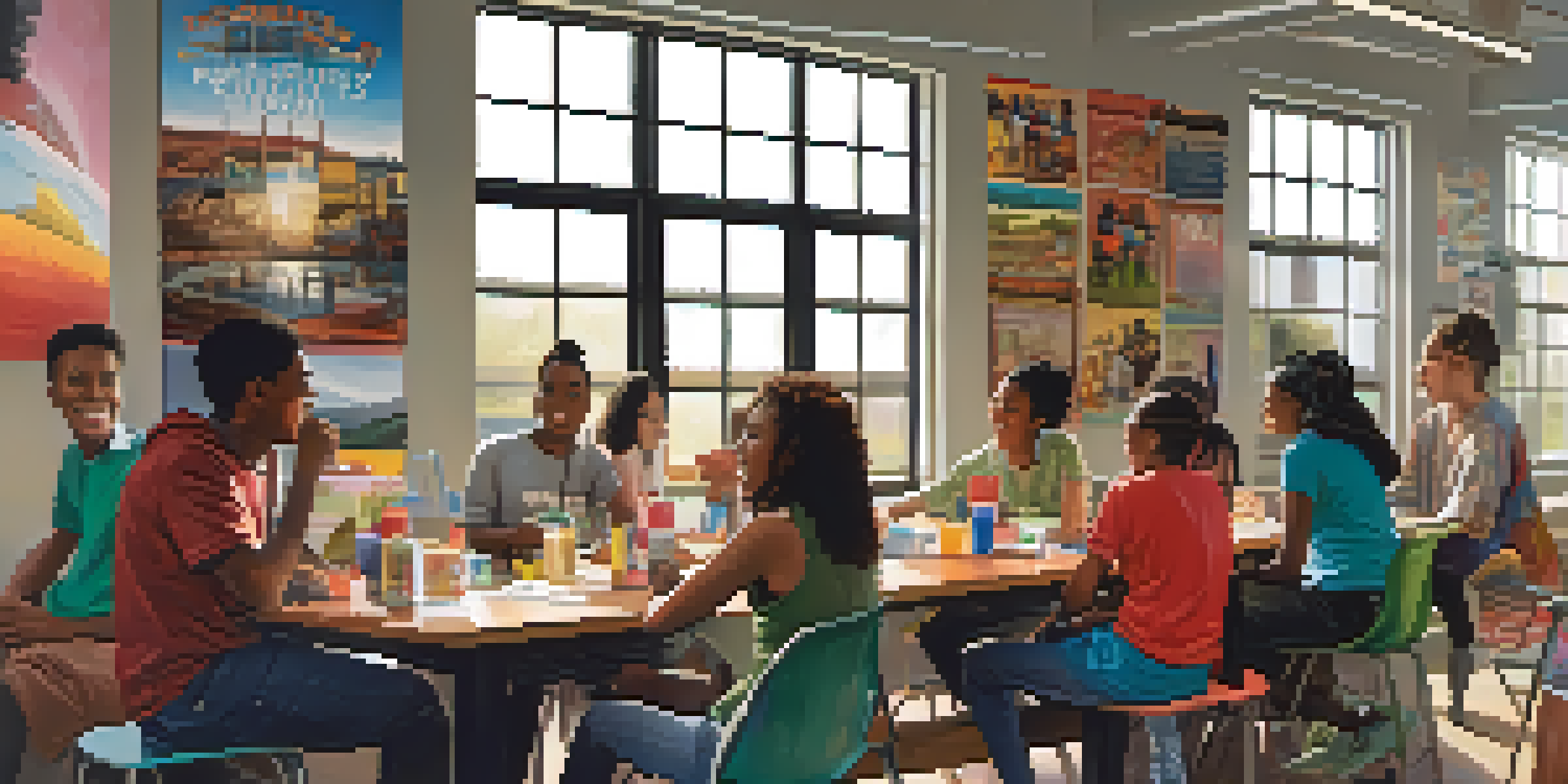 A diverse group of young people discussing and collaborating in a community center, surrounded by colorful posters and natural light.