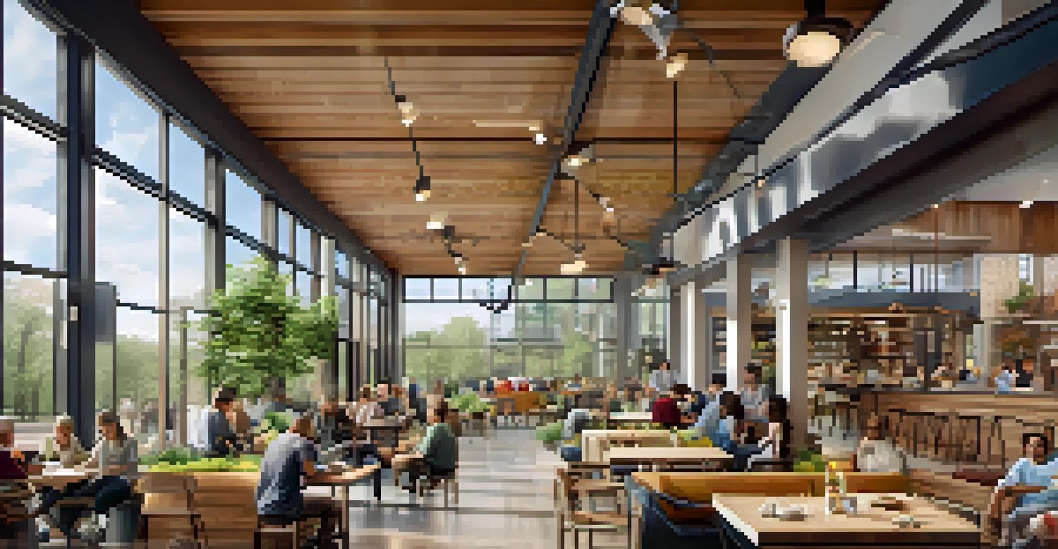 An inviting interior of a contemporary community space in Minneapolis, showcasing natural light, greenery, and people interacting.