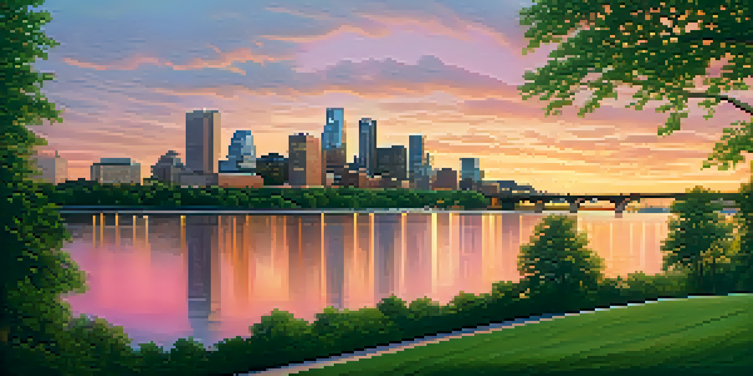 A wide view of the Minneapolis skyline during sunset, with reflections on the river and green parks in the foreground.