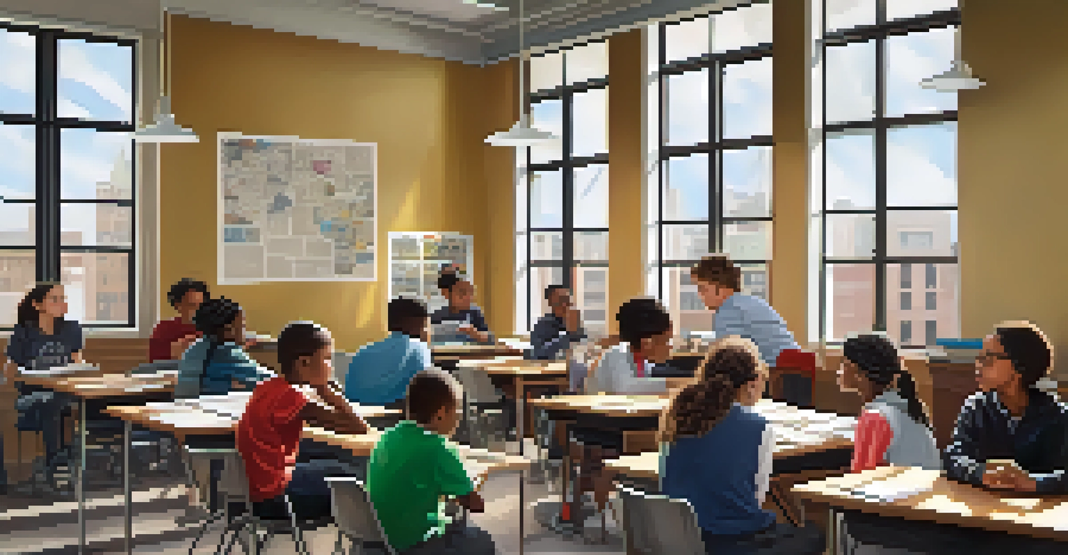 A modern classroom in Minneapolis with diverse students discussing civil rights history, surrounded by educational materials.