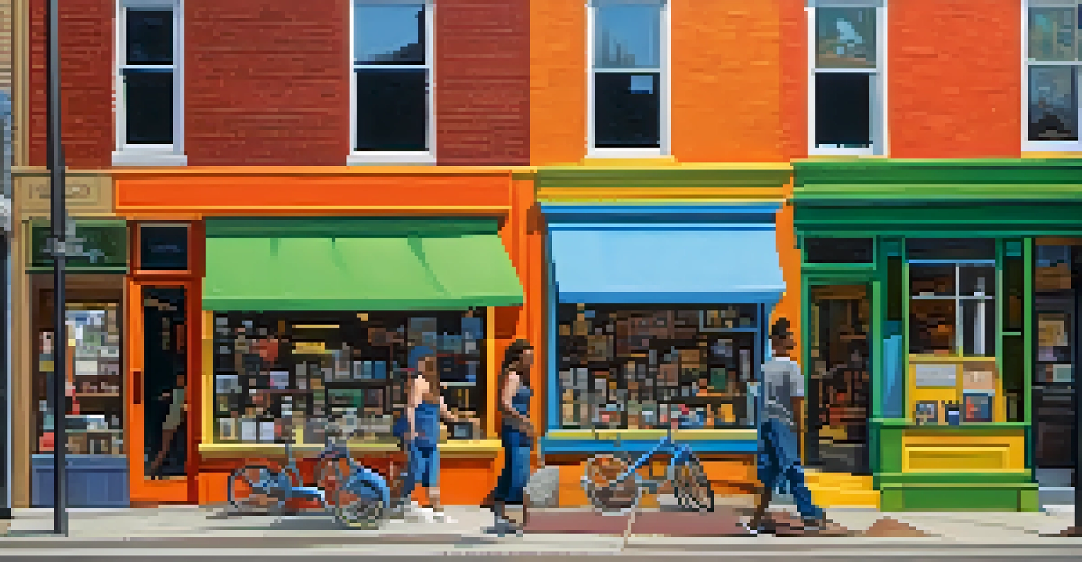 A small business owner in a colorful storefront engaging with customers on a busy street in Minneapolis.