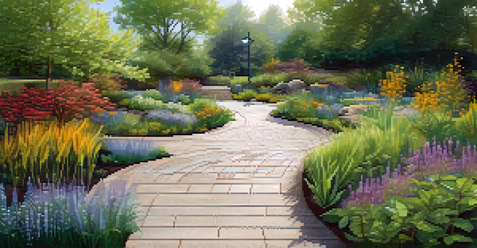 A rain garden in a Minneapolis park with native plants and a sign about stormwater management.