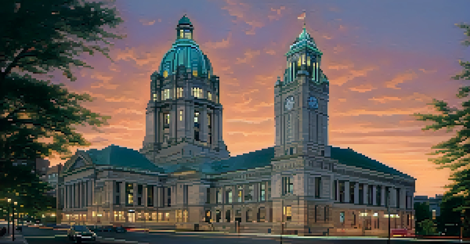 Minneapolis City Hall at dusk, featuring its iconic clock tower and illuminated architectural details against a twilight sky.