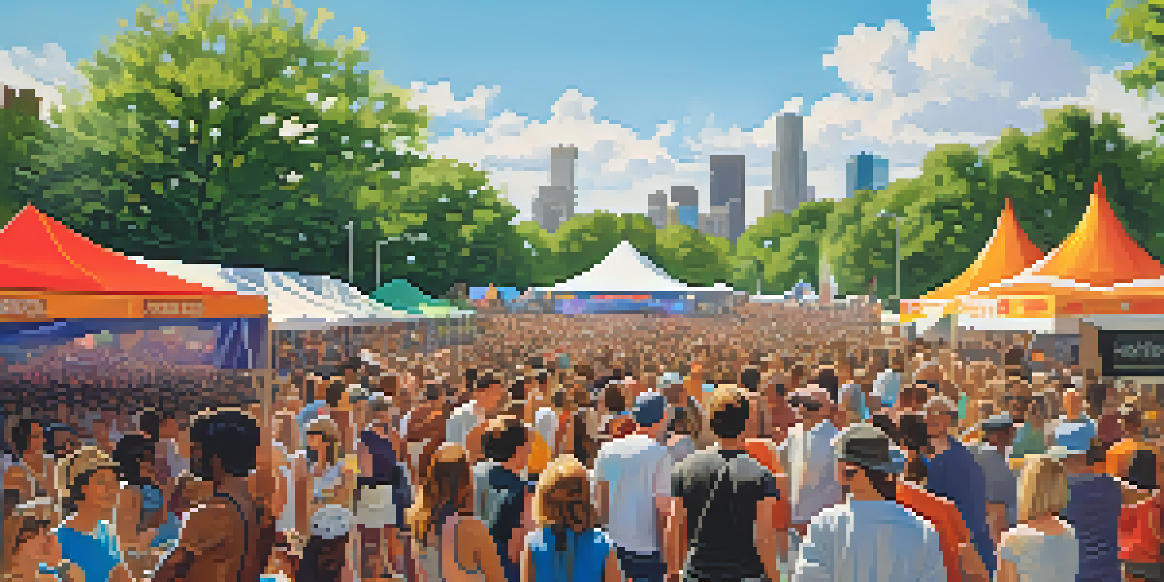 An outdoor music festival in Minneapolis with diverse artists performing on stage, surrounded by a colorful crowd and food stalls.