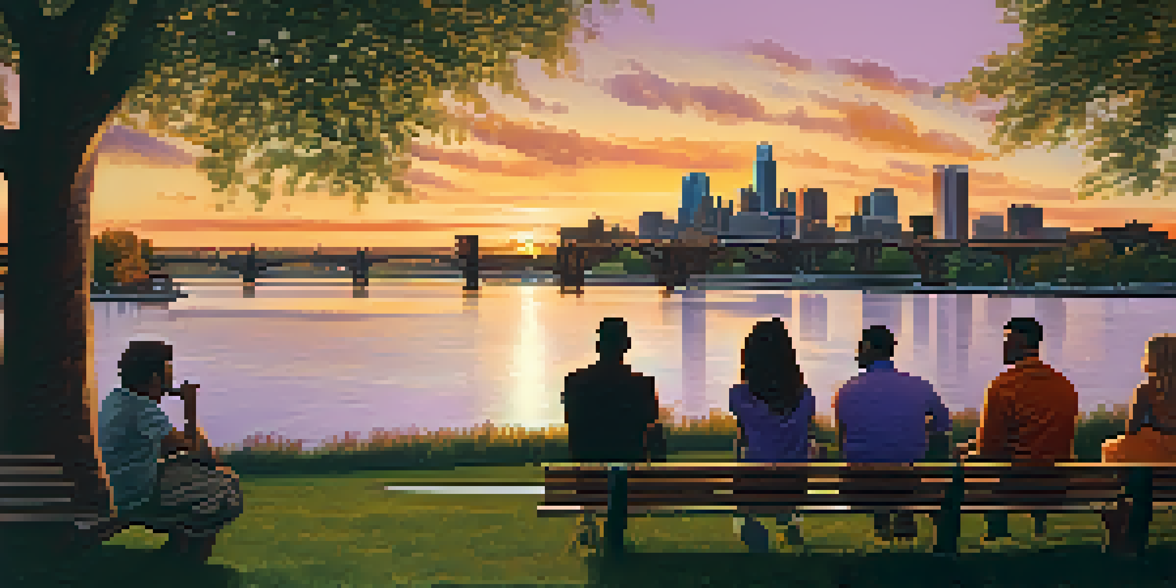 A colorful sunset over the Minneapolis skyline with a diverse group of people having a community meeting in a park.