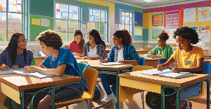 A diverse group of students working together on a project in a bright classroom filled with educational posters and natural light.