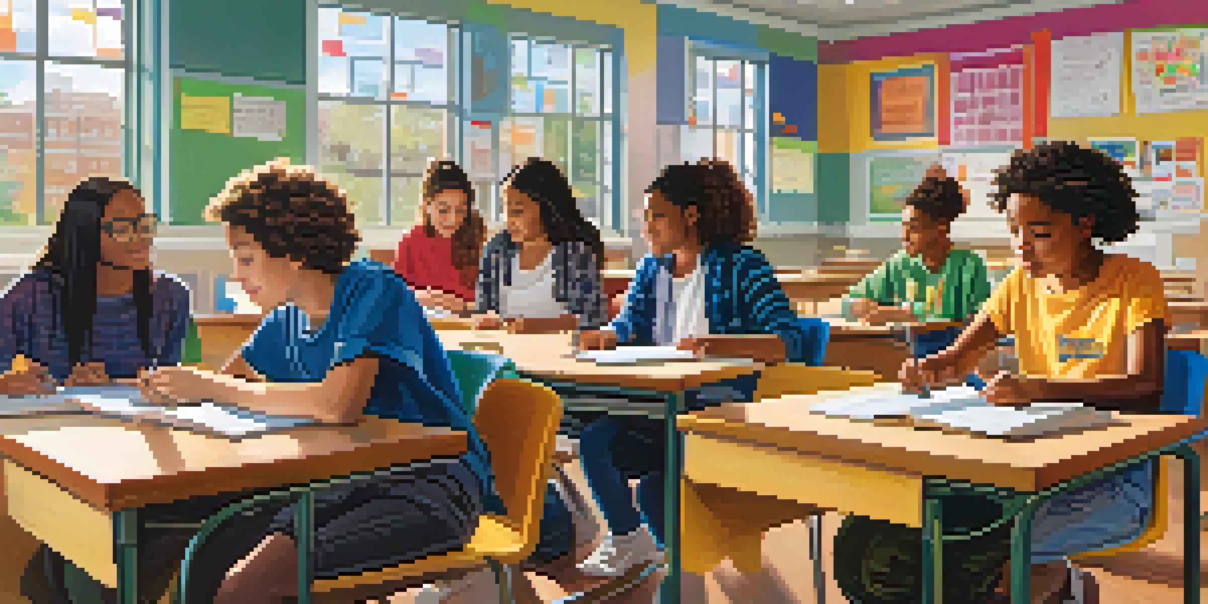 A diverse group of students working together on a project in a bright classroom filled with educational posters and natural light.
