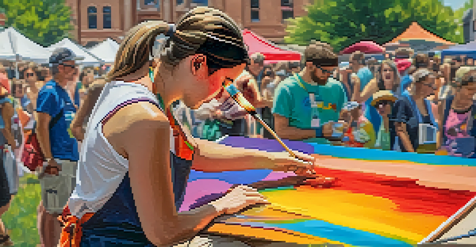 A local artist painting at an art festival, with vibrant colors and paint supplies in focus.