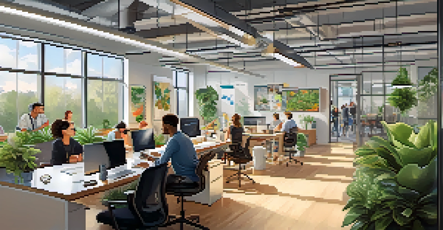 An interior shot of a tech startup office in Minneapolis with employees brainstorming around a whiteboard in a vibrant workspace.