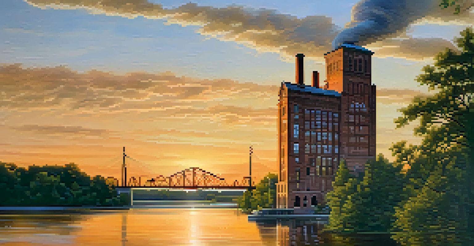 A sunset view of the Pillsbury A Mill with the Minneapolis skyline in the background, showcasing its historical significance.