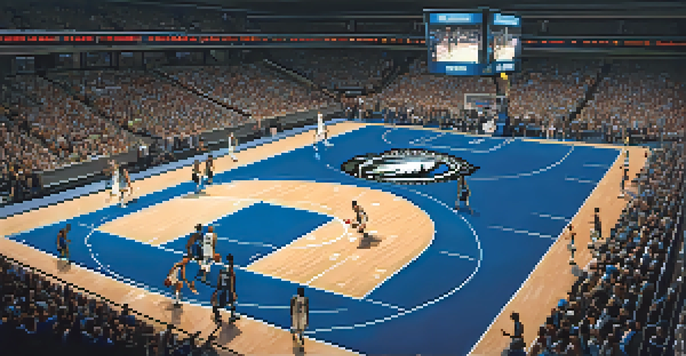 A vibrant scene of a Timberwolves basketball game at night, with players in action and fans cheering.