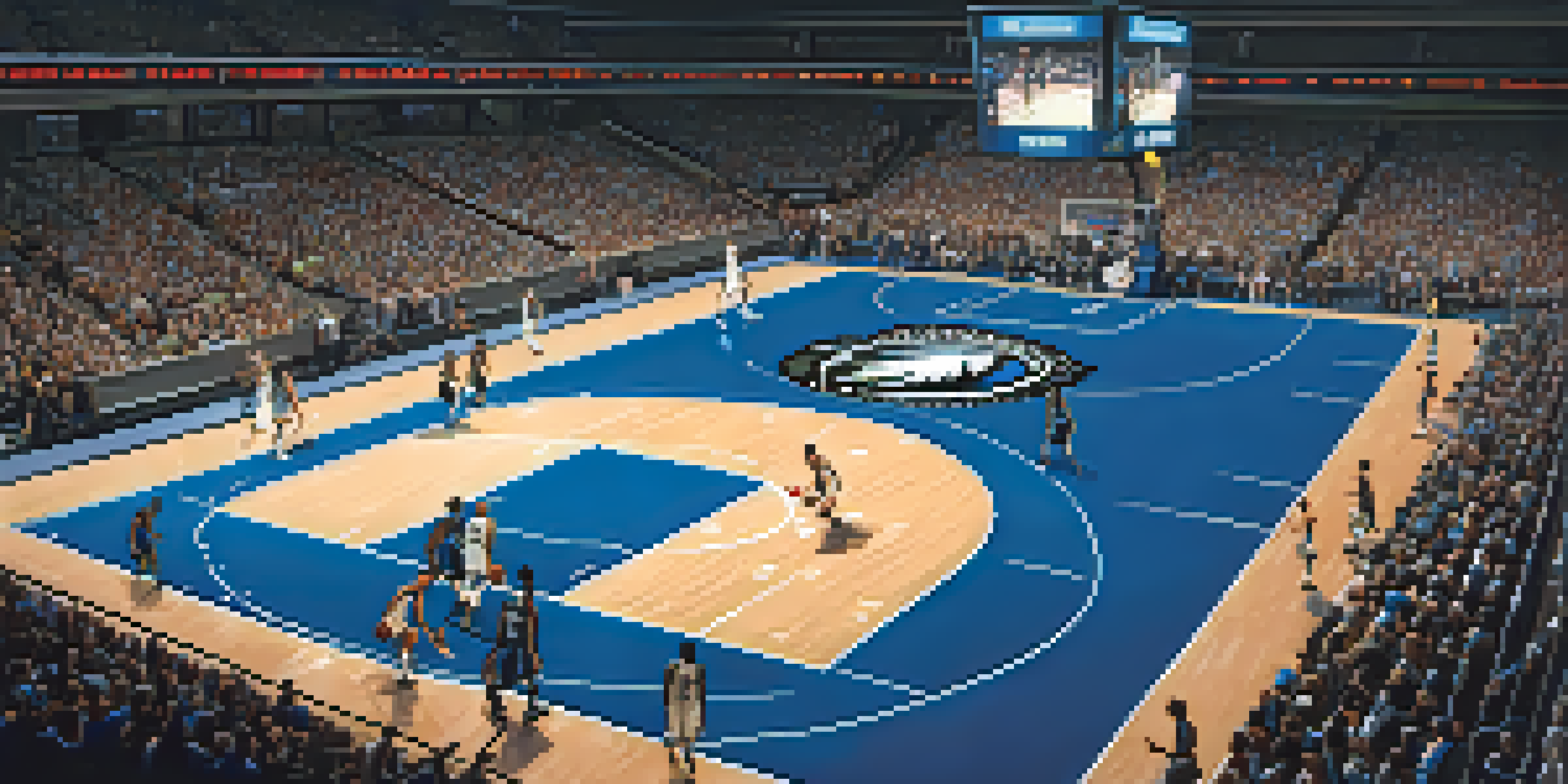 A vibrant scene of a Timberwolves basketball game at night, with players in action and fans cheering.