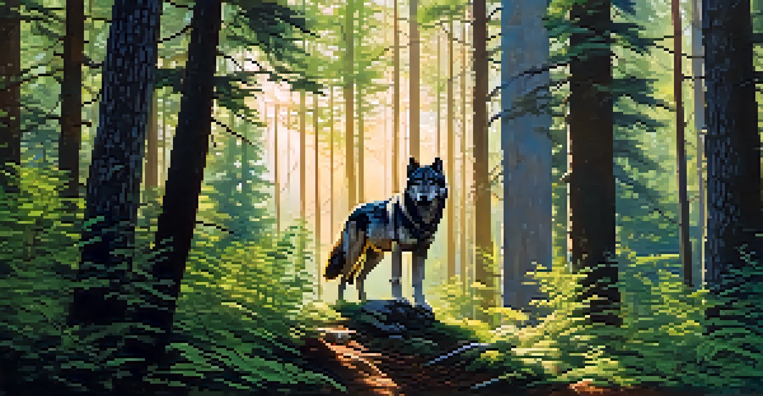 A peaceful Minnesota forest with sunlight filtering through trees and a wolf standing in the foreground.