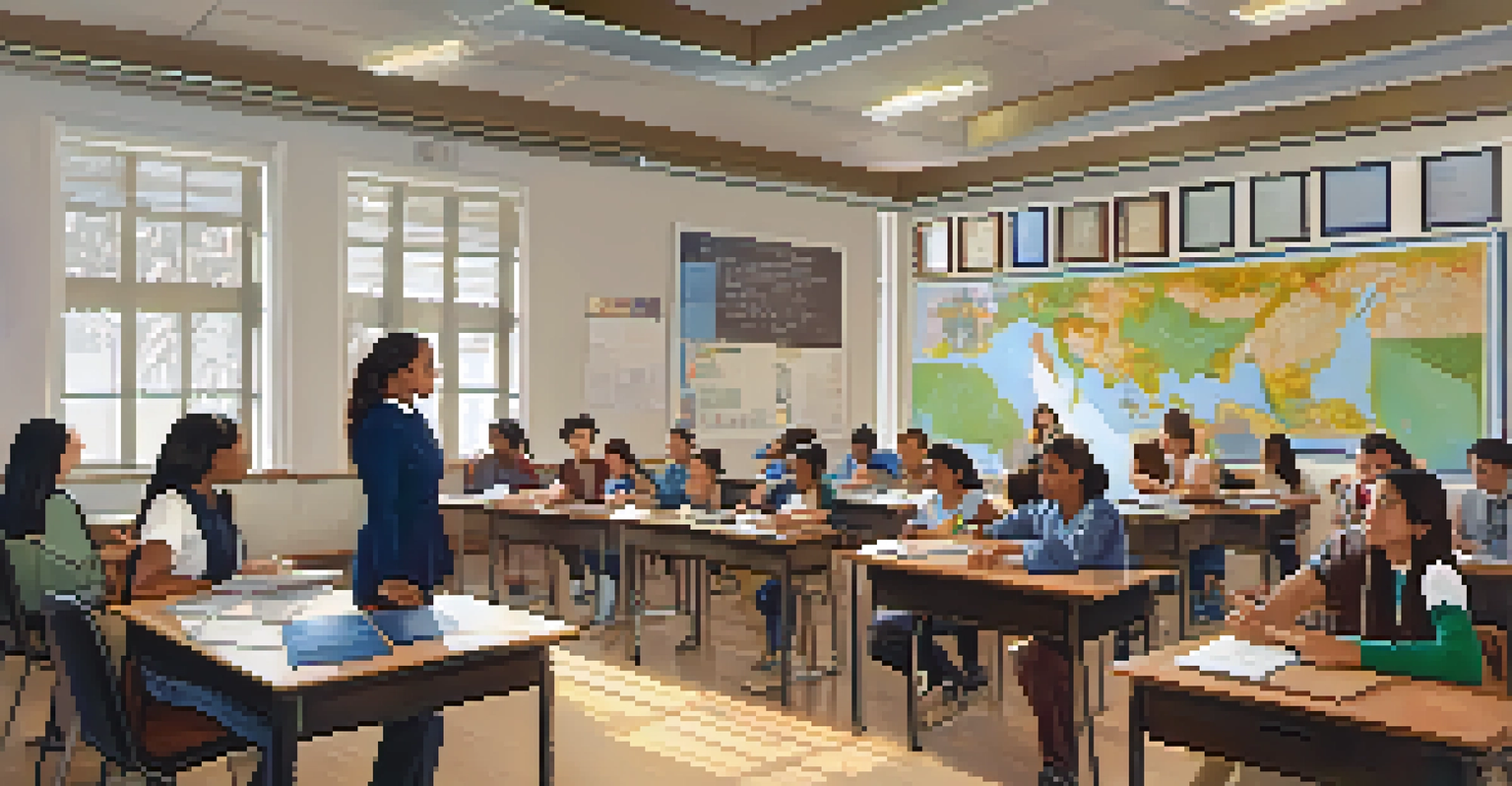A classroom scene with students engaged in a civic education lesson, with a teacher leading the discussion and charts on the walls.