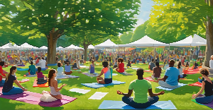 A community mental health awareness event in Minneapolis with diverse participants engaging in activities like yoga and art therapy under sunny weather.