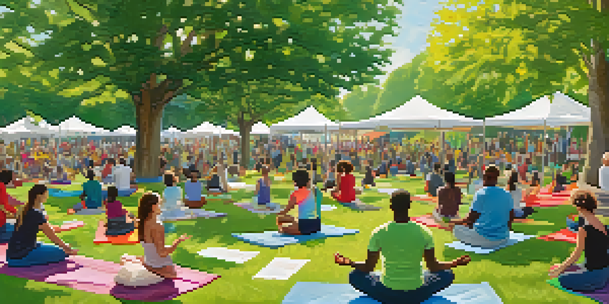 A community mental health awareness event in Minneapolis with diverse participants engaging in activities like yoga and art therapy under sunny weather.
