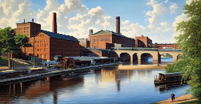 A historic view of Minneapolis's milling district with grain mills, workers, and the Mississippi River in the background.