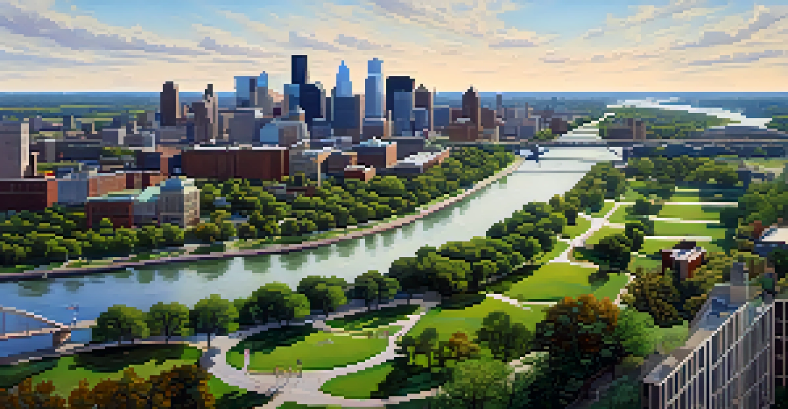 An aerial view of Minneapolis showing the winding Mississippi River with modern buildings in the background and green parks with people enjoying outdoor activities along the riverbanks.