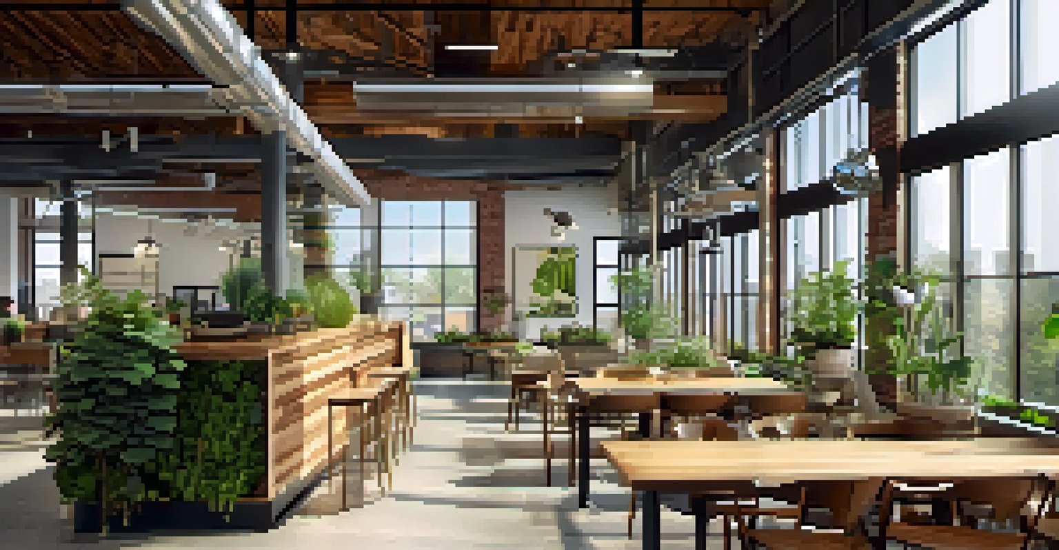 An interior view of a sustainably designed building in Minneapolis, featuring natural light, reclaimed furniture, and local artwork.