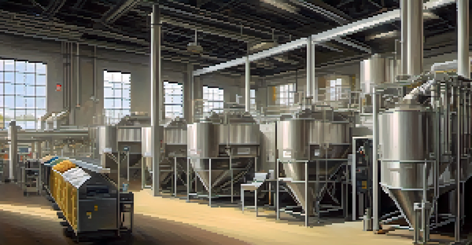 A modern flour milling facility in Minneapolis featuring advanced machinery and workers in safety equipment, with shelves of flour products in the background.