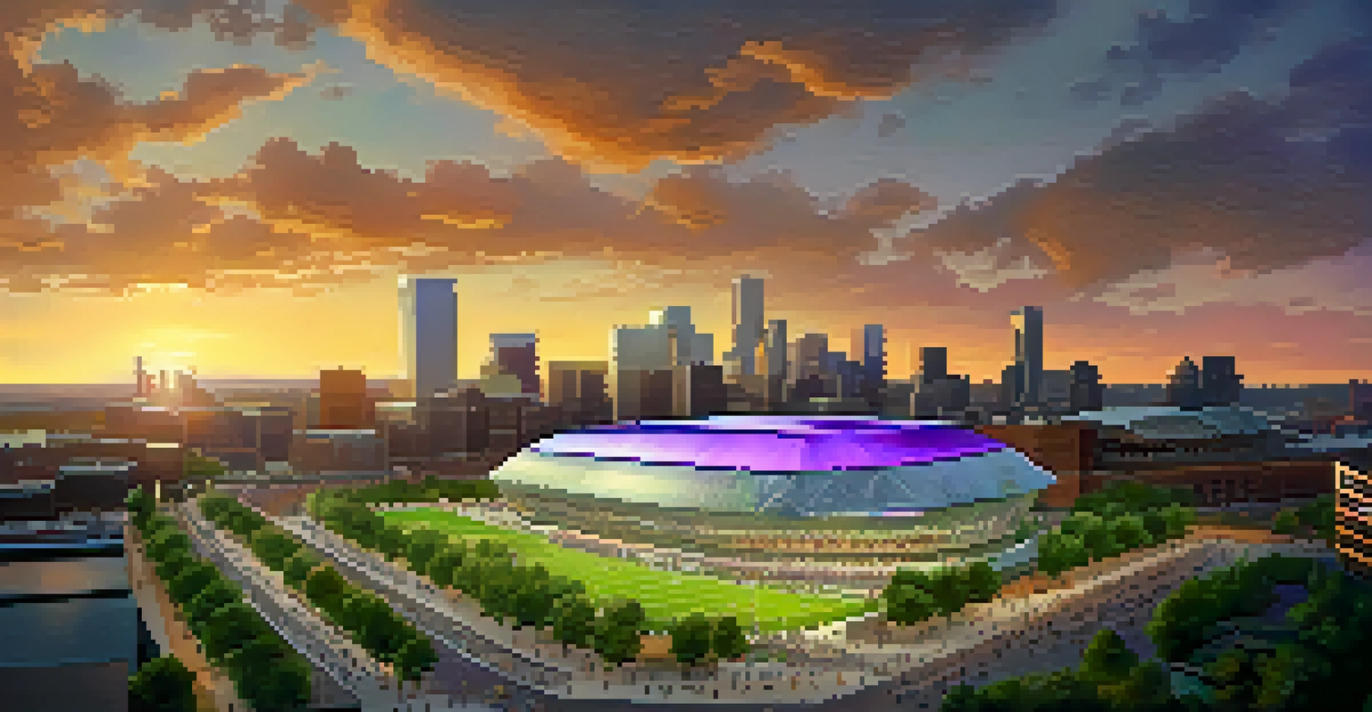 Aerial view of the U.S. Bank Stadium in Minneapolis with a green roof and surrounding green spaces, set against a sunset sky.