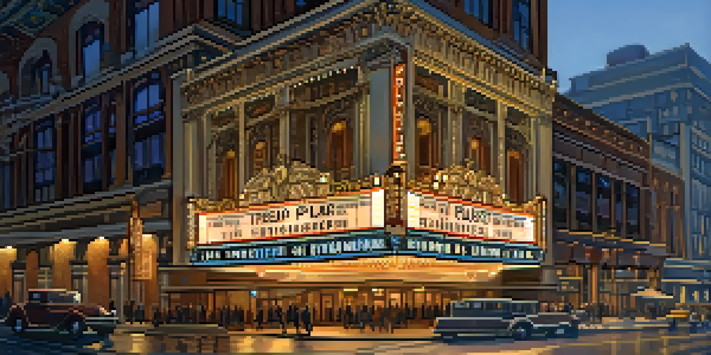 A view of the historic Orpheum Theatre in Minneapolis, featuring its ornate architecture and warm evening lights with people arriving for a show.