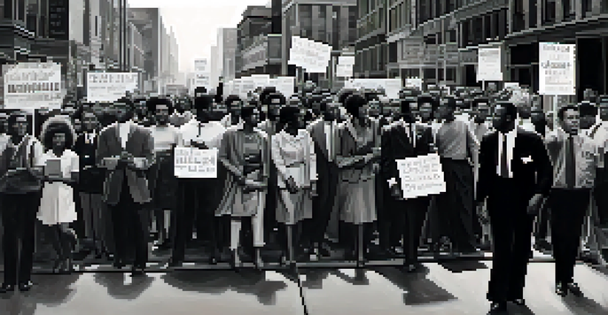 A black and white image of a civil rights protest in Minneapolis, showing diverse activists holding signs for equality on a city street.